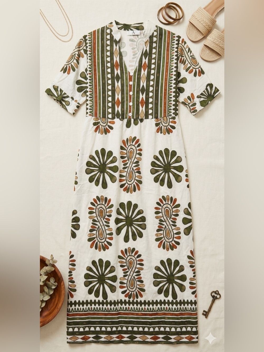 Boho Maxi Dress in Olive & Rust Floral Print